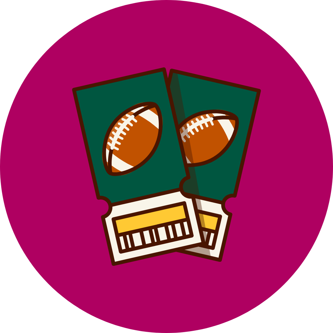 Magenta circle with clip art of football tickets in the center
