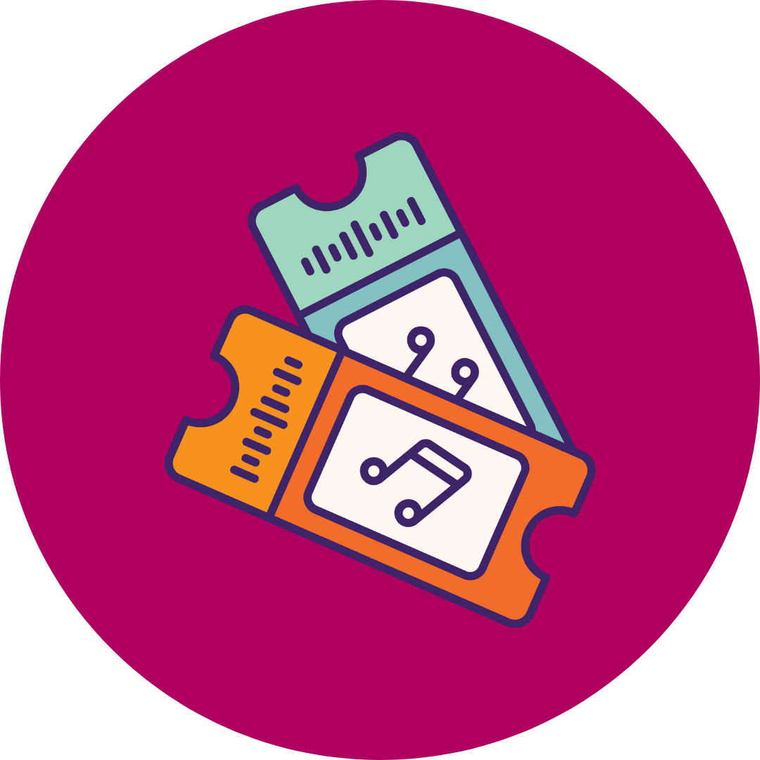 Magenta circle with clip art of concert tickets in the center