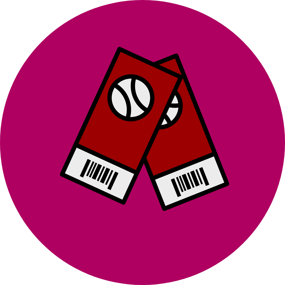 Magenta circle with clip art of baseball tickets in the center