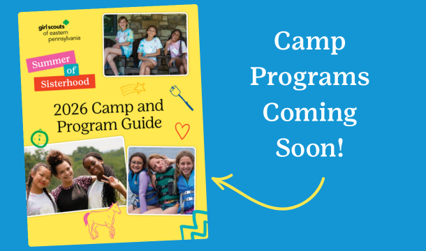 Thumbnail graphic of Camp Guide with group photos of girls and camp themed illustrations.