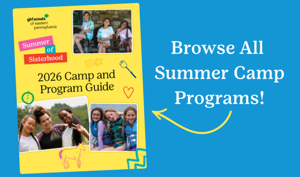 Thumbnail graphic of Camp Guide with group photos of girls and camp themed illustrations.