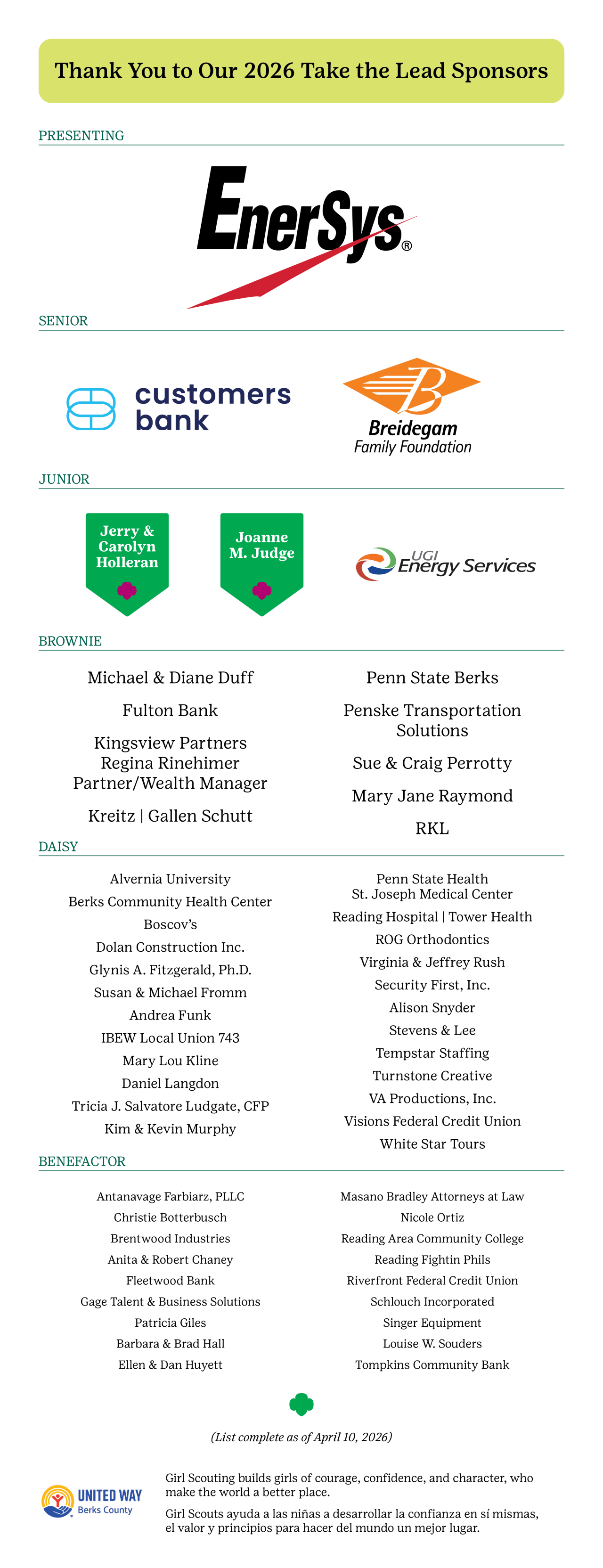 2026 Take the Lead Berks County Sponsors