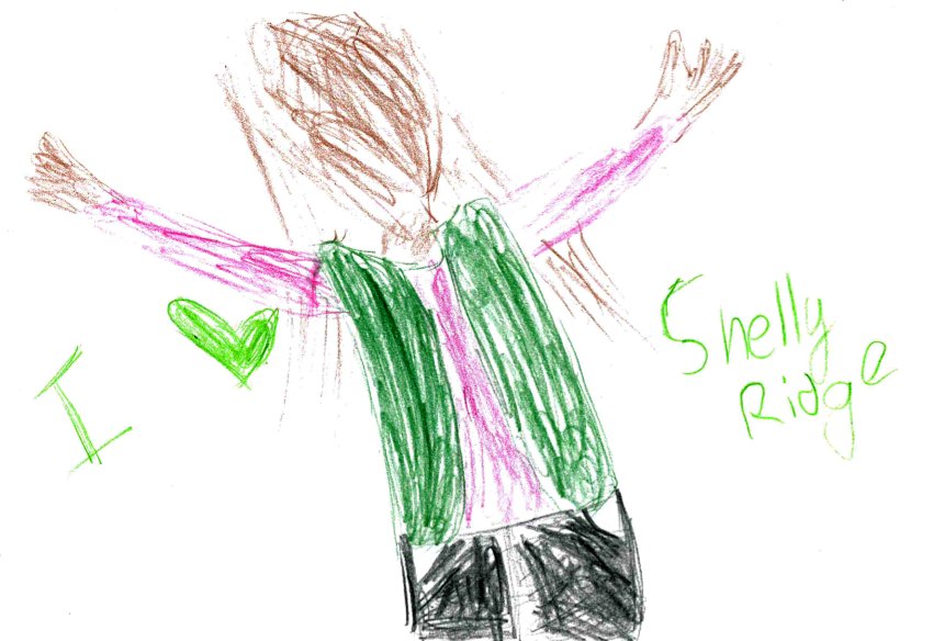 Hand-drawn postcard from Girl Scout with drawing of a Girl Scout in a green vest with text that reads "I love Shelly Ridge"