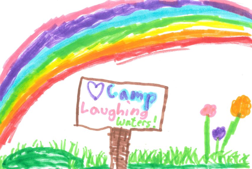 Hand-drawn postcard from Girl Scout with rainbow, grass, flowers, and a sign that reads "camp laughing waters"